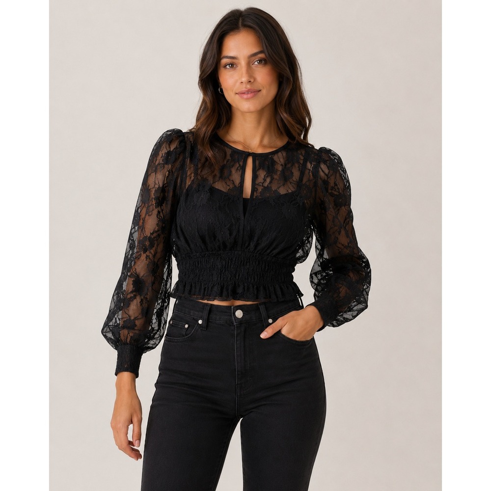 H&M Black Lace Puff Sleeve Top Sheer Romantic Coquette Going Out Blouse